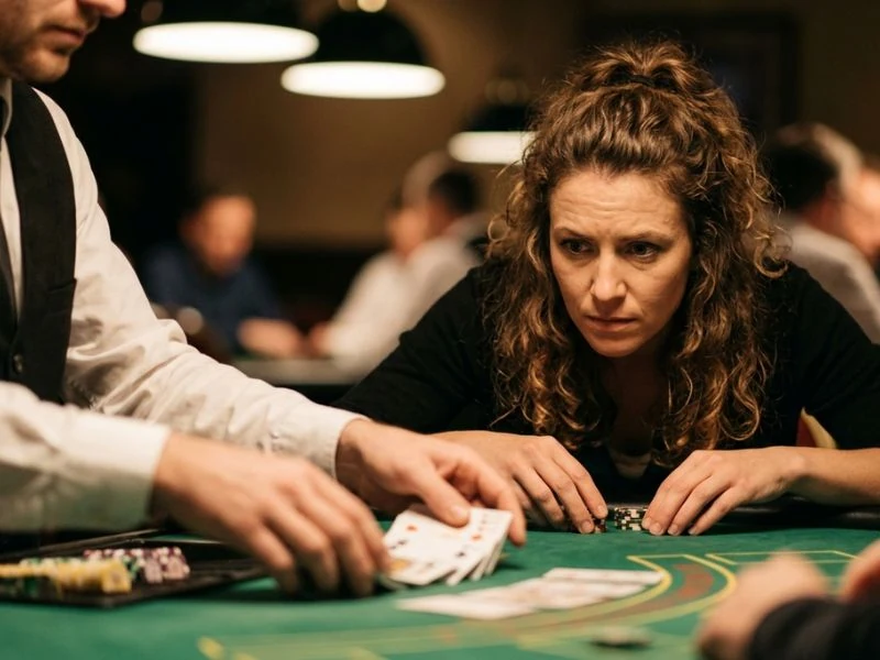 Woman watching cards being dealt with focus at a Zone online casino