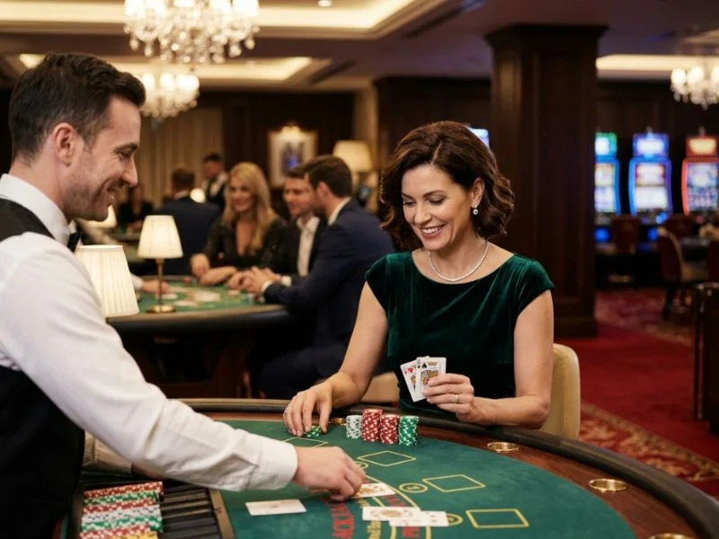 Beautiful woman enjoying a relaxing and luxurious casino experience at 7JL Online Casino.