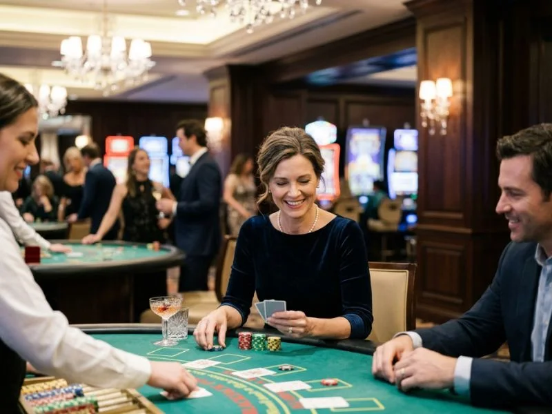 Refined woman surrounded by the energy and glamour of a casino floor at 7JL Online Casino.