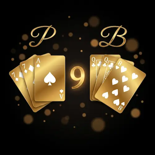 Gold playing card hands showing Player and Banker dealt for okebet live casino Baccarat