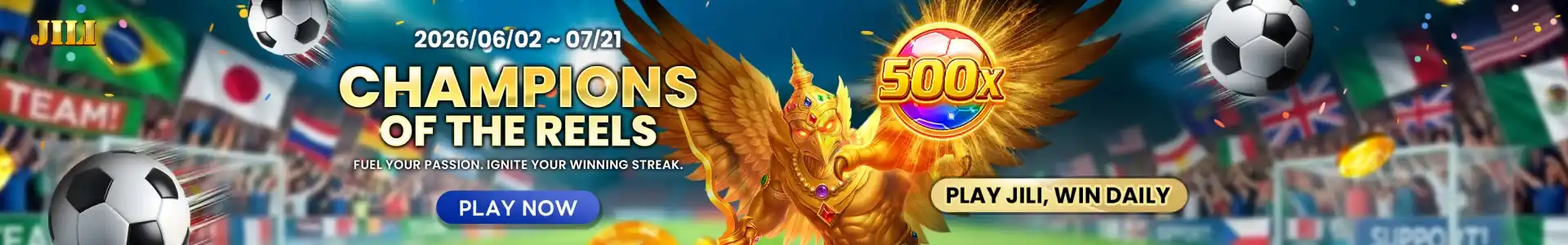 JILI Champions of the Reels tournament banner for okebet slot players June to July 2026