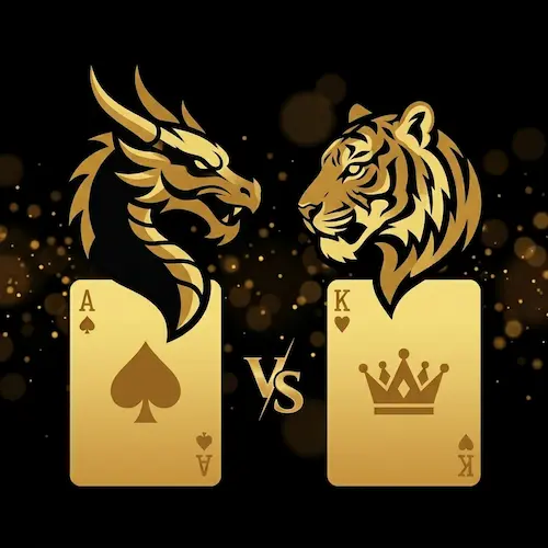 Gold dragon and tiger icons above single playing cards representing Dragon Tiger at okebet live casino