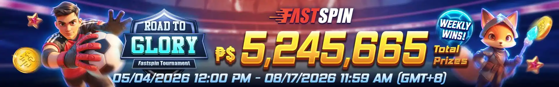 Fastspin Road to Glory Tournament banner with weekly prizes available at okebet casino