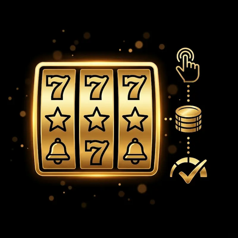 Gold slot reel with sevens, stars, and bells next to tap, coin, and RTP icons for okebet slot games