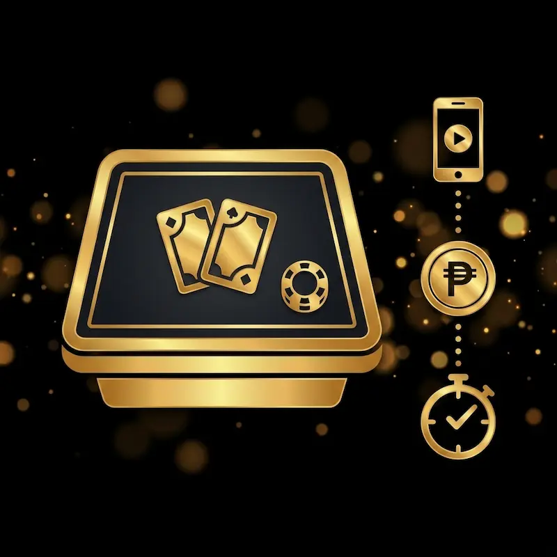Gold live casino table with smartphone, peso coin, and timer icons for okebet live casino how to play steps