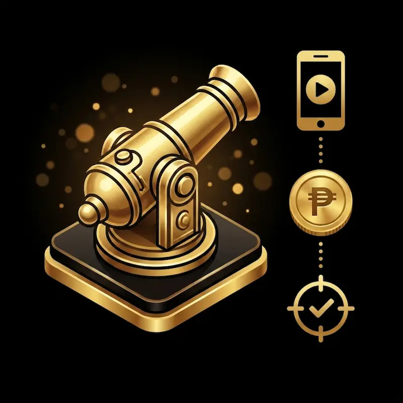 Gold fishing cannon with smartphone, peso coin, and target icons for okebet fishing games how to start steps