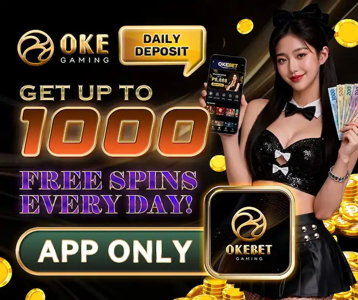 Okebet Live Casino promotional banner featuring a casino hostess holding cash and a smartphone displaying the Okebet app, highlighting up to 1000 free spins every day, daily deposit rewards, and exclusive app-only casino bonuses.