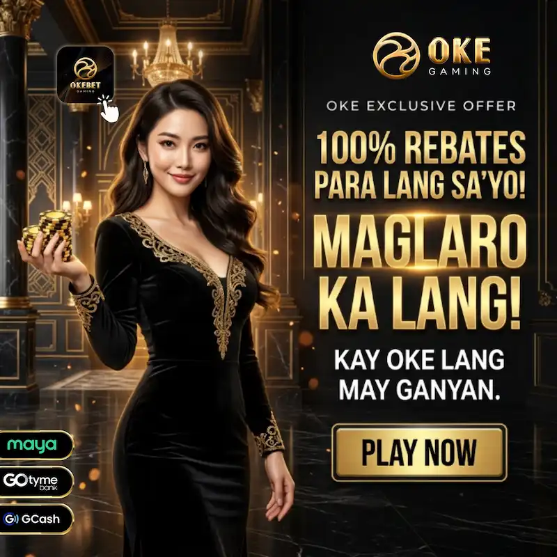 Okebet Gaming promo banner offering 100% rebates with Play Now button for okebet slot games