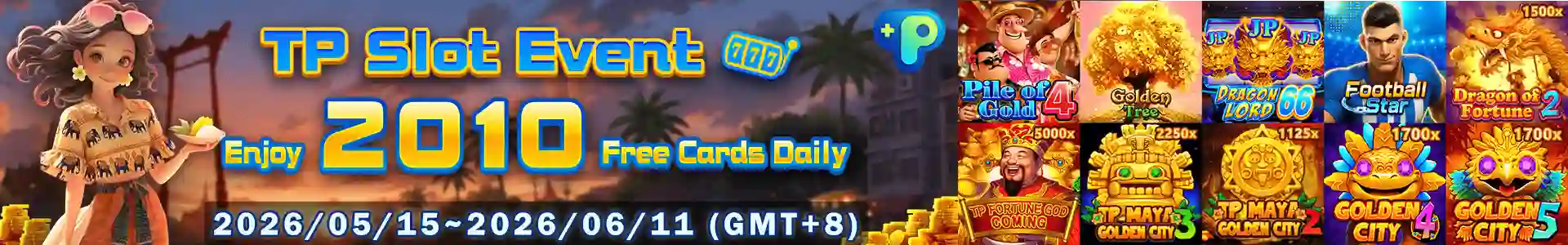 TP Slot Event free cards daily promotion banner available at okebet casino May to June 2026