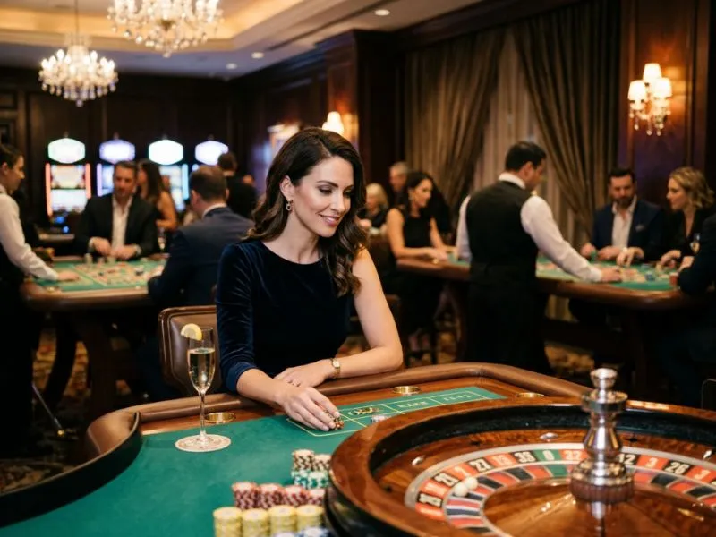 Elegant woman enjoying a luxurious casino evening with confidence and grace at Apex Online Casino.