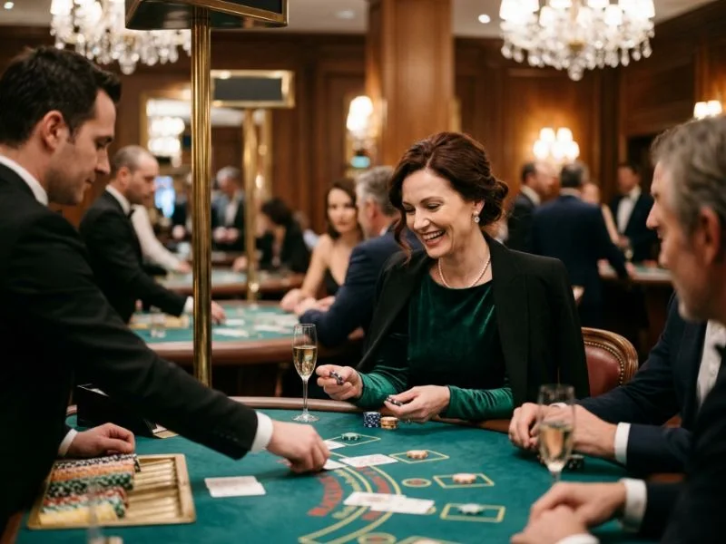 Graceful woman sitting at a premium casino table with elegance at Apex Online Casino.