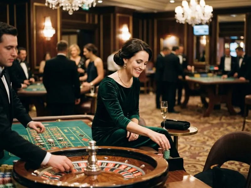 Sophisticated lady smiling while playing at a glamorous casino table at Apex Online Casino.