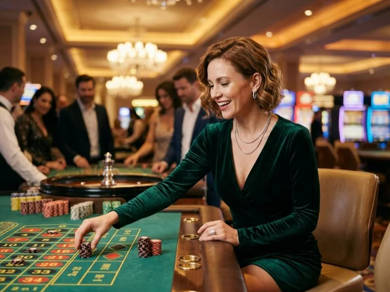 Stylish woman admiring vibrant Kings Casino atmosphere under bright lights
