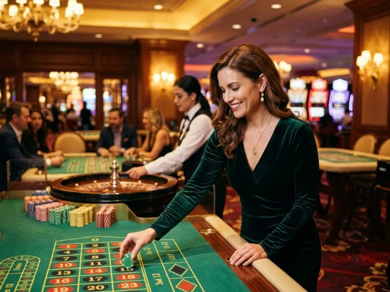 Beautiful woman enjoying a relaxing casino experience at Lucky Cola.com casino