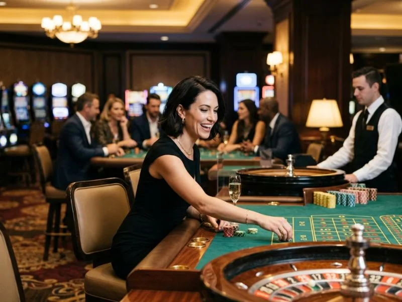 Graceful woman sitting at premium casino table at Lucky Cola.com casino