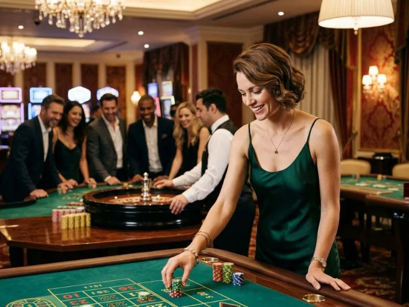 Refined woman surrounded by casino energy at Lucky Cola.com casino