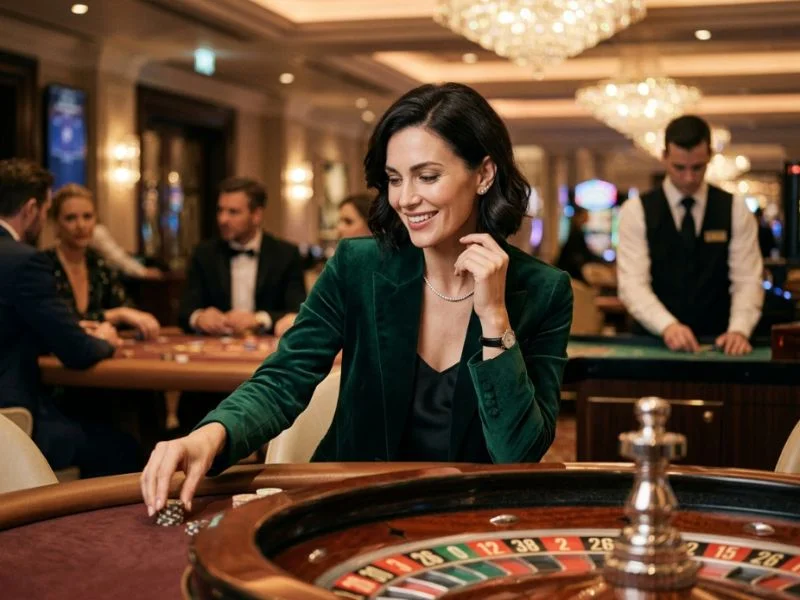 Stylish woman experiencing the glamour and excitement of an exclusive casino at LuckyStar Online Casino.