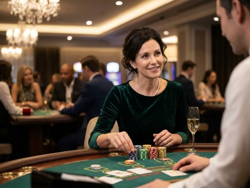 Elegant woman enjoying casino gaming thrill at PHCash.com casino