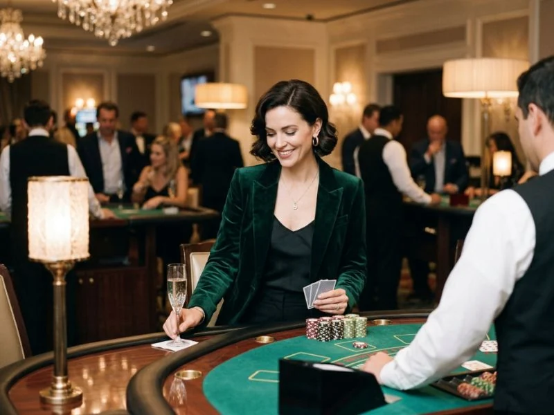 Sophisticated woman appreciating lively casino ambiance at PHSky com casino login
