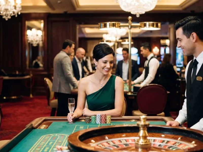 Elegant woman enjoying a sophisticated evening at a luxury casino resort with Q25 Online Casino.