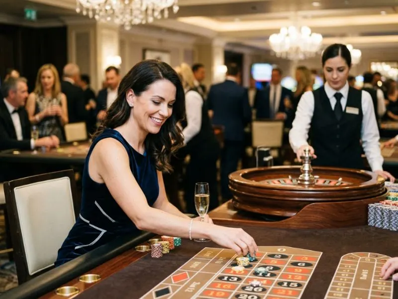 Sophisticated woman appreciating the lively ambiance of a modern casino at Q25 Online Casino.