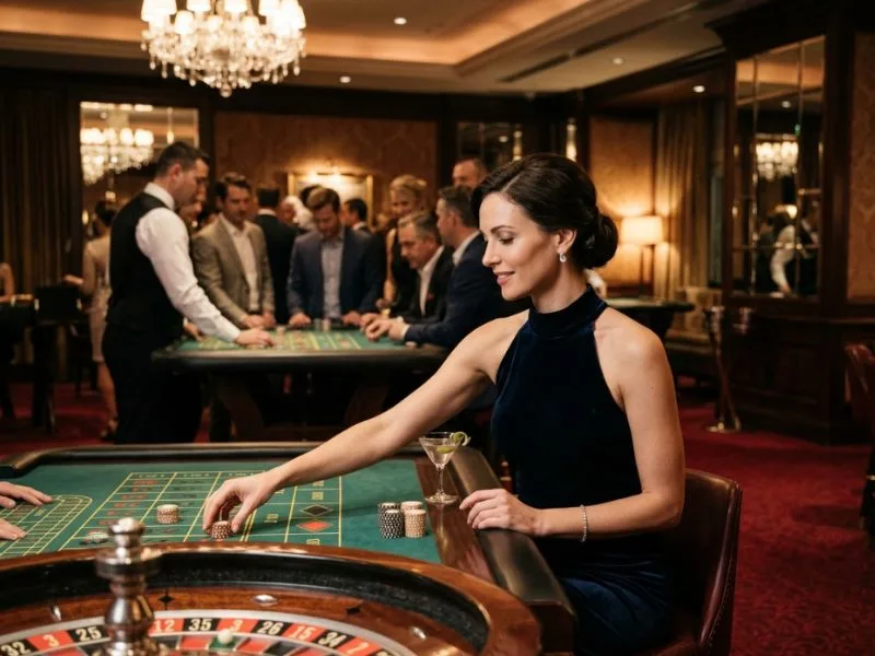 Fashionable woman relaxing during a premium casino night out at Red Casino.