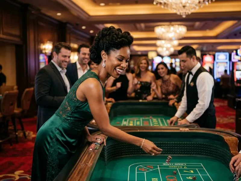 Refined woman admiring the vibrant energy of a luxurious casino at Red Casino.