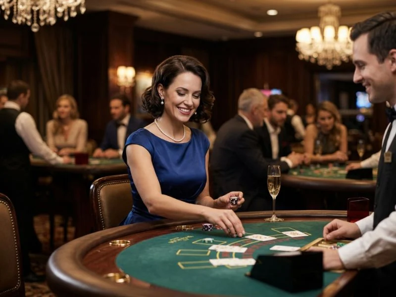 Sophisticated woman celebrating a special evening at an exclusive casino setting with Red Casino.