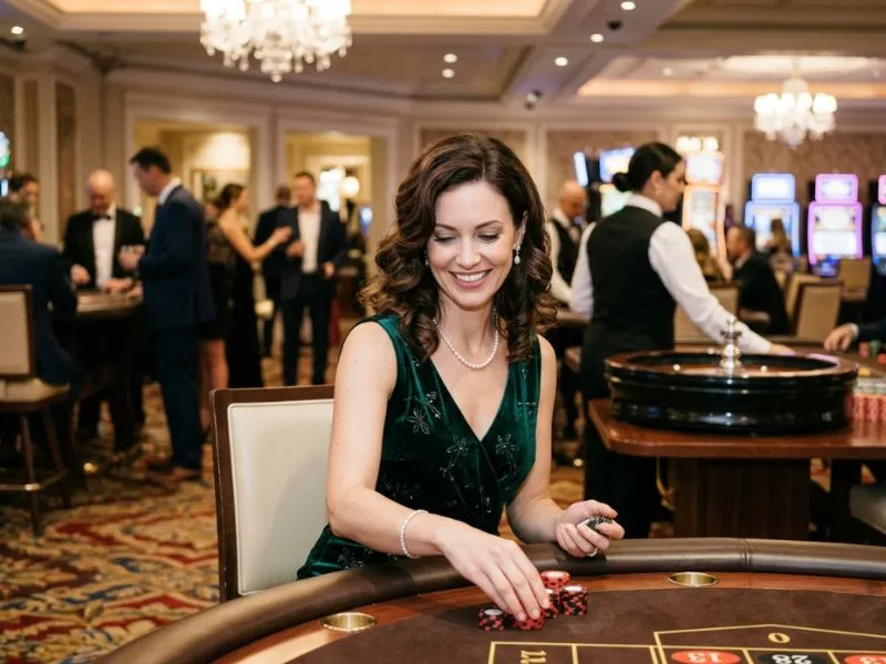 Beautiful woman smiling confidently while exploring a casino floor at Z25 Casino Login.