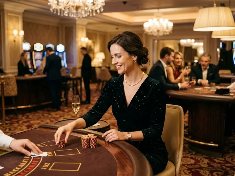 Stylish woman embracing the glamorous atmosphere of an upscale casino at Z25 Casino Login.