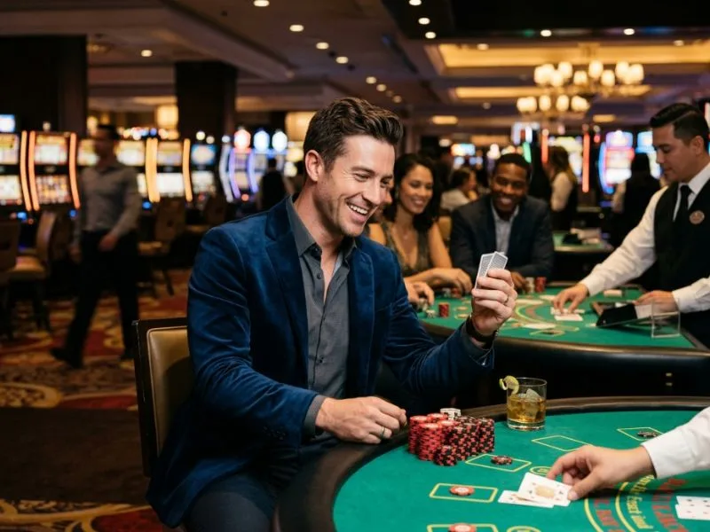 Attractive man focused on the game at 555 BMW Online Casino in a premium casino setting.