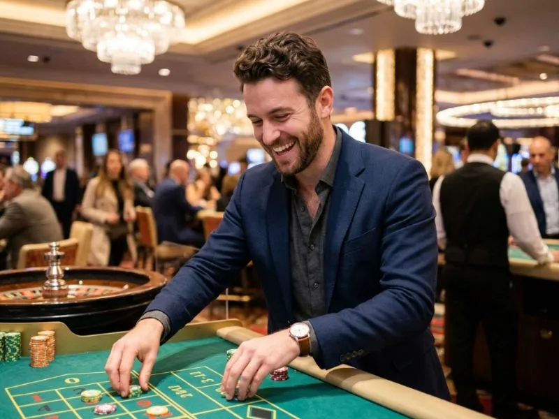 Charming man relaxing while enjoying the vibrant atmosphere at 555 BMW Online Casino.