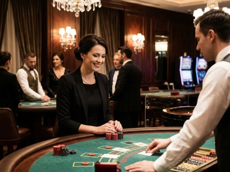 Elegant lady enjoying the lively casino floor at 555 BMW Online Casino.