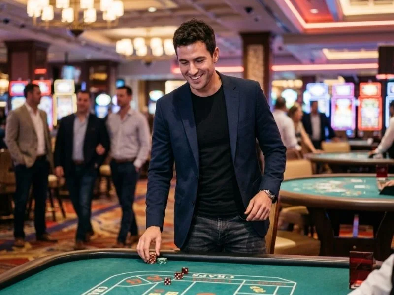 Stylish man confidently enjoying a casino game at 555 BMW Online Casino.