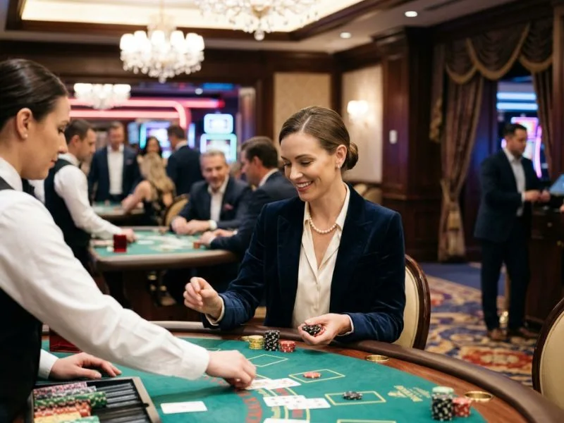 Confident woman embracing the glamour of a casino evening with Games Earn Real Money in GCash.