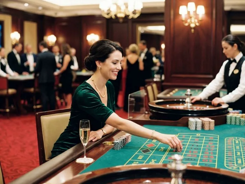 Beautiful woman enjoying Games on GCash in an elegant casino setting with a warm smile.