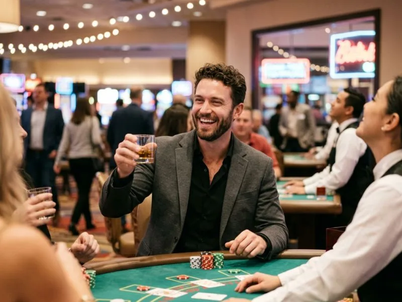 Happy man enjoying Games on GCash during a fun night at a lively casino.