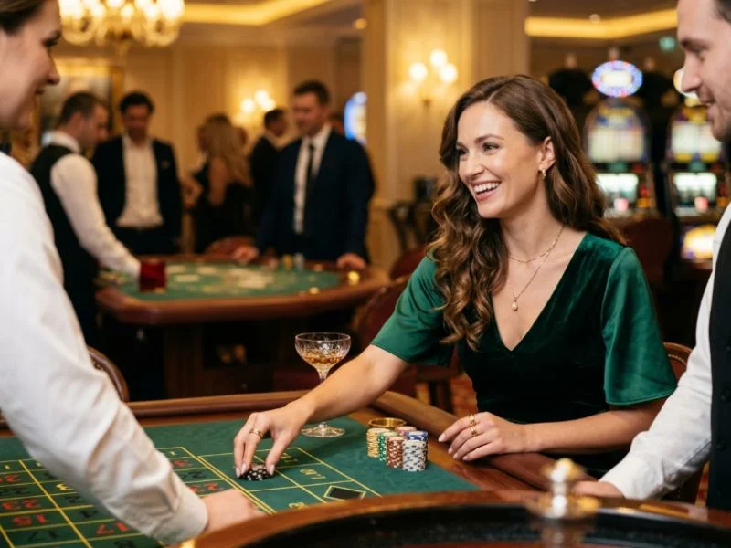 Sophisticated lady celebrating a special evening with Games on GCash at an exclusive casino.