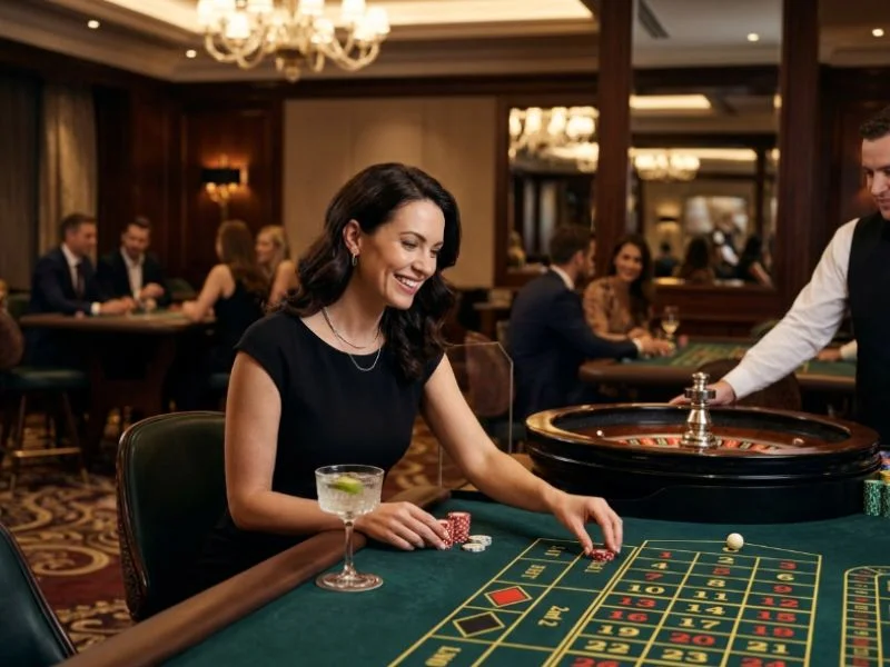 Sophisticated woman enjoying the vibrant casino floor while exploring Games on GCash.