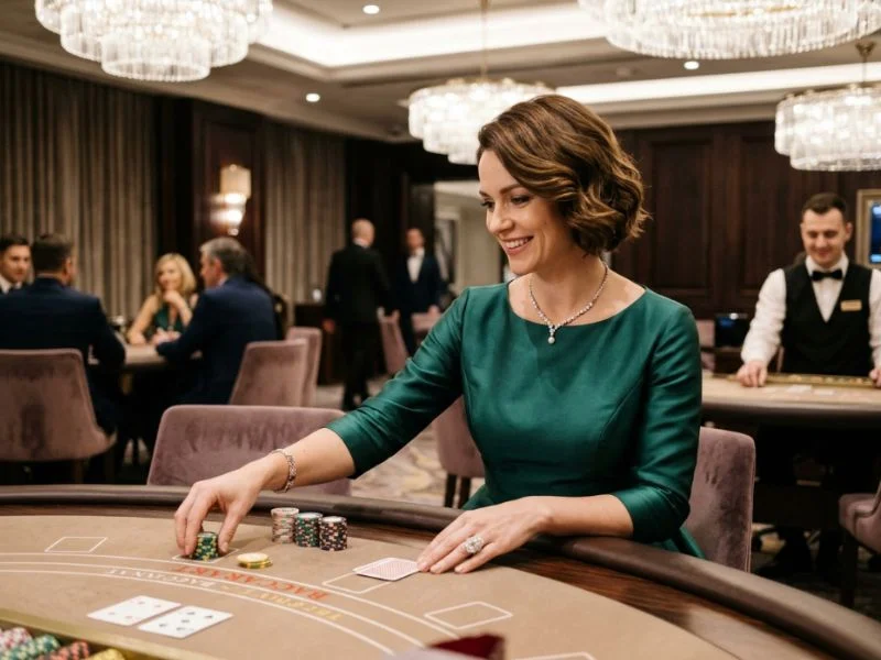 Beautiful lady admiring a grand casino interior while exploring Legit Games for GCash.