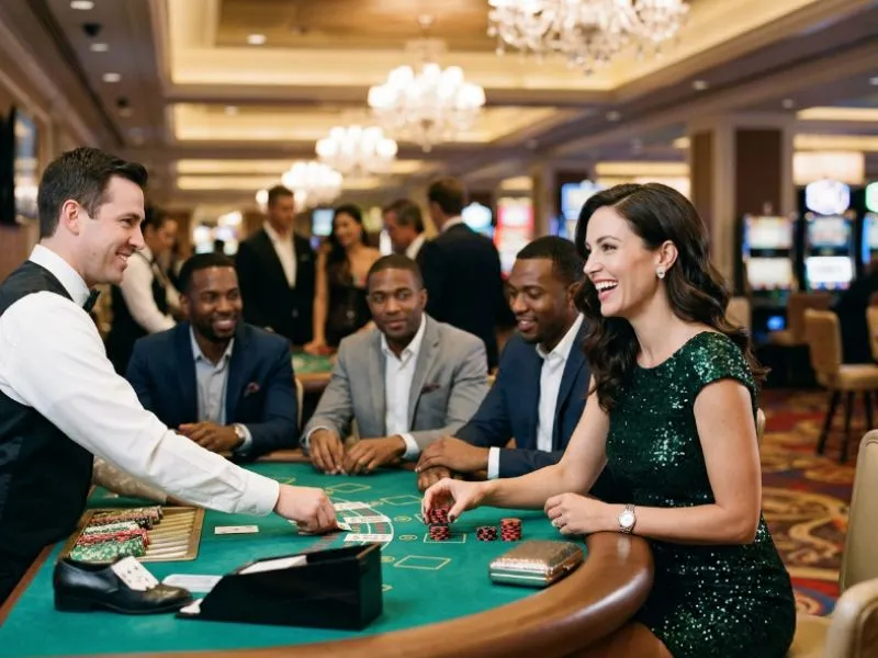 Charming lady enjoying the elegant casino ambiance while exploring Legit Games for GCash.
