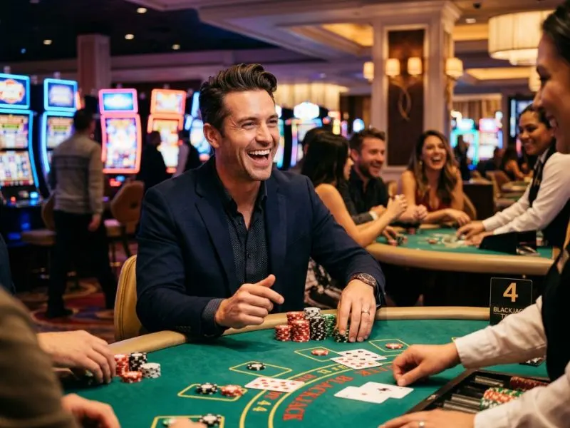 Handsome man in a sharp suit enjoying the upscale atmosphere at Phil168 Online Casino Login.