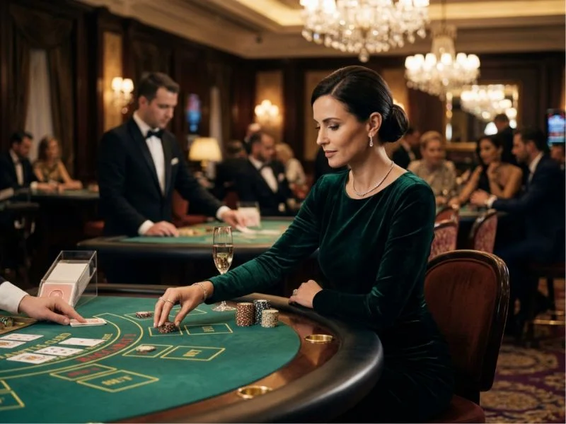 Sophisticated lady enjoying the luxurious atmosphere at Phil168 Online Casino Login in a casino resort.