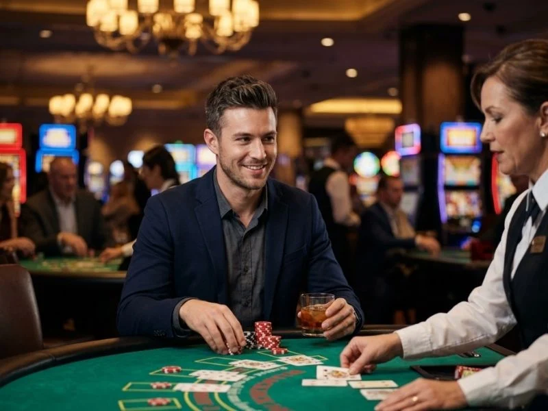 Confident man smiling while enjoying PHL Win Online Casino at a glamorous casino table.