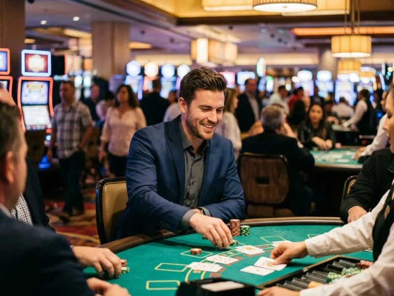 Handsome man enjoying the thrill of a luxury casino night at PHL Win Online Casino.