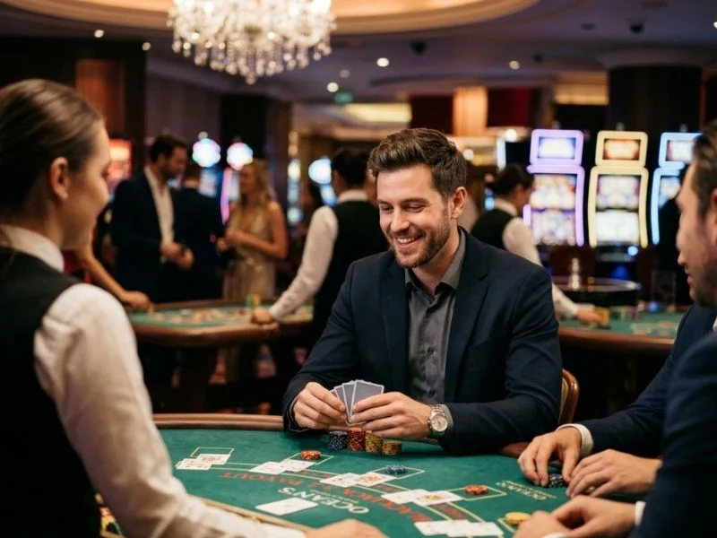 Well-dressed man celebrating a winning moment at PHL Win Online Casino in a stylish casino setting.