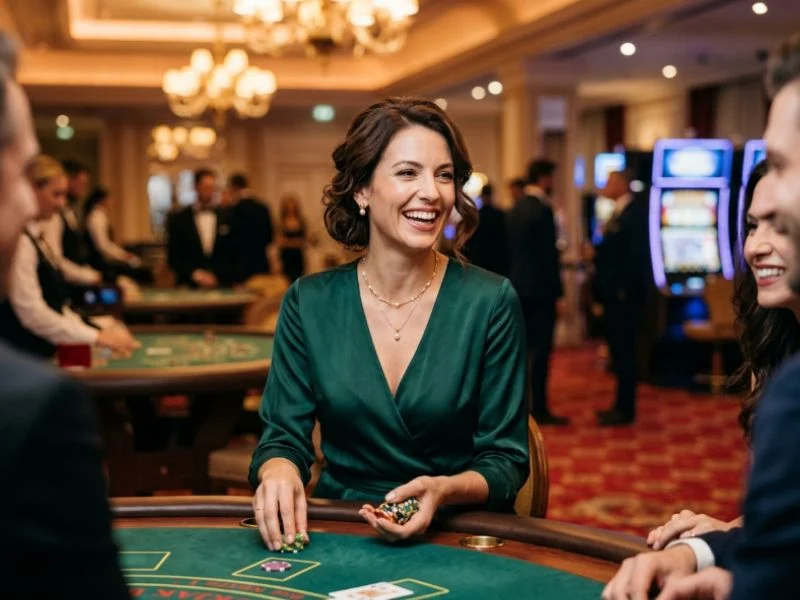 Elegant woman enjoying a luxurious casino atmosphere while exploring Real Money Earning Games Philippines GCash.