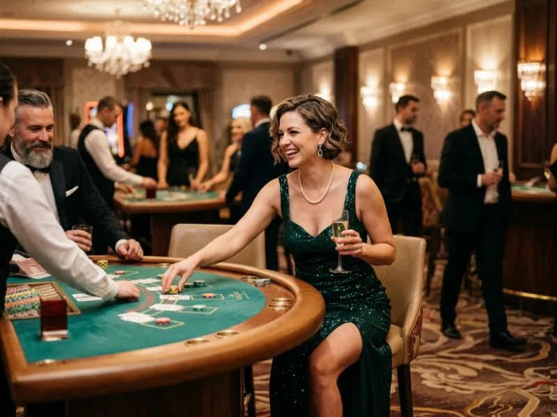 Graceful woman smiling in a premium casino while enjoying Real Money Earning Games Philippines GCash.