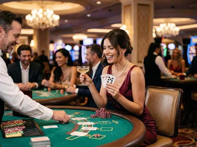 Stylish lady enjoying an exciting casino evening with Real Money Earning Games Philippines GCash.