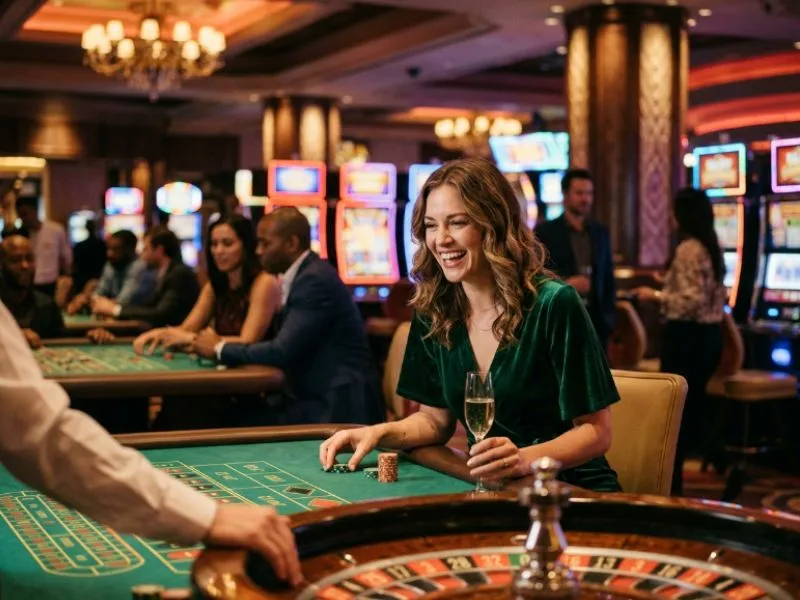 Smiling woman celebrating a casino win with PAGCOR online gaming license